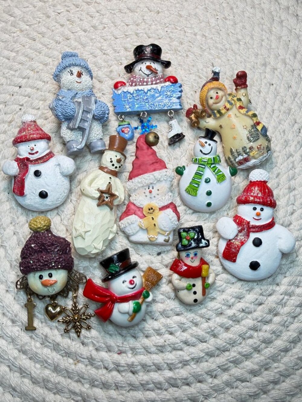 Misfit Vintage Snowman Brooch Lot | 11 Christmas Holiday Pins | Mixed Materials